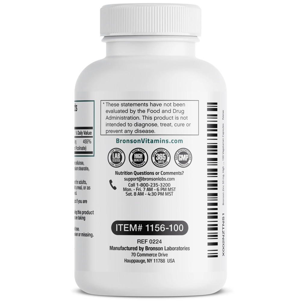 Zinc 50 mg, 100 capsule, Bronson Laboratories