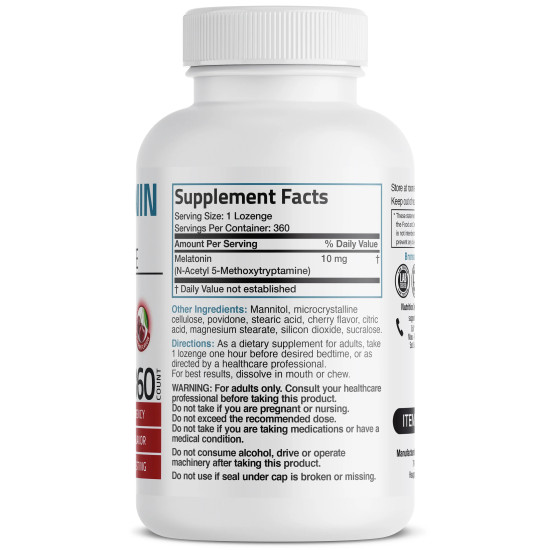 Melatonina 10 mg Cherry Flavour – 360 tablete – Informatii nutritionale-  Bronson Laboratories